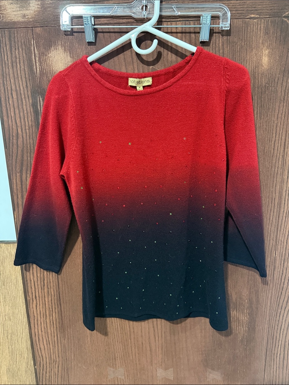 Notations Red to Black Ombre Long Sleeve Studded Knit Top